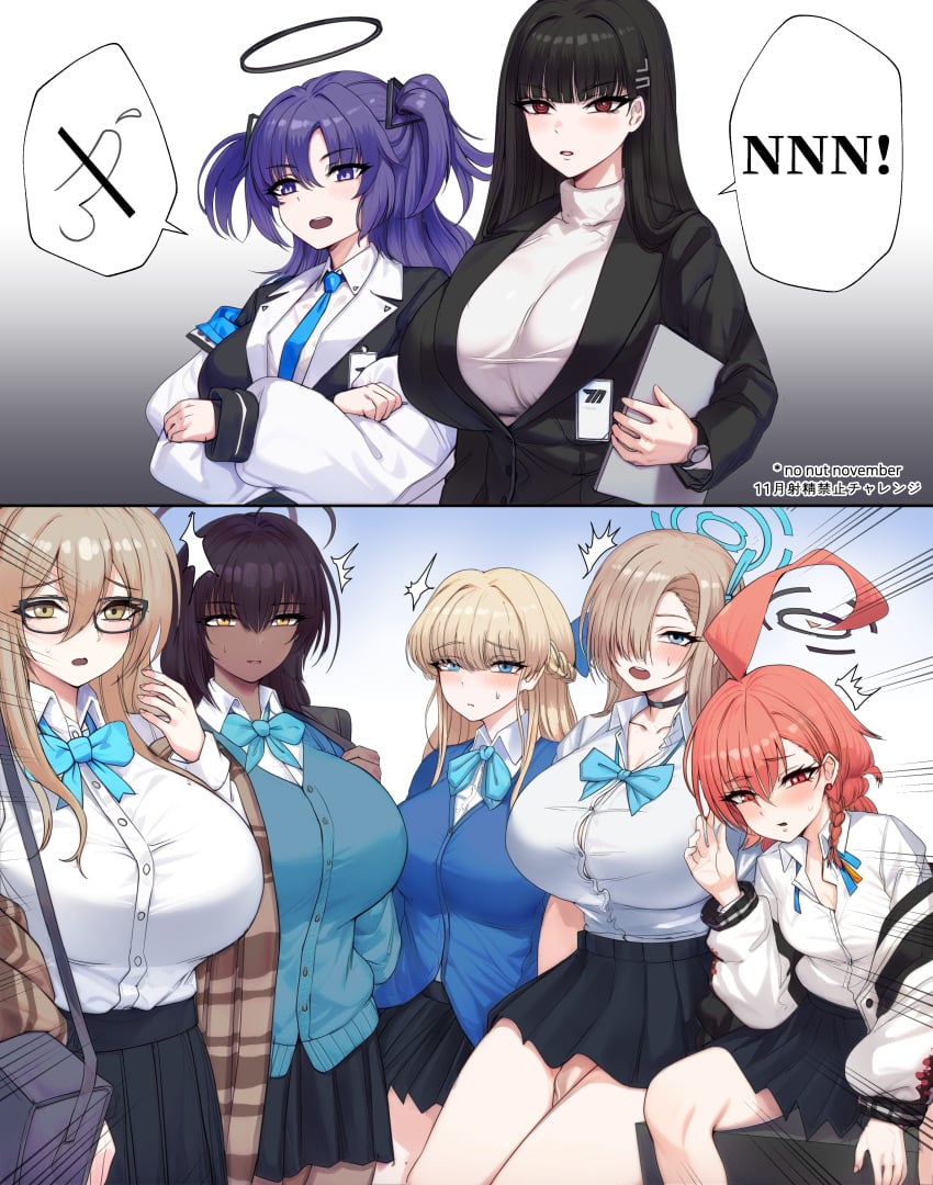 2girls 2koma 5futas absurdres ahoge akane_(blue_archive) asuna_(blue_archive) black_choker black_hair black_halo black_jacket black_skirt blonde_hair blue_archive blue_bow blue_bowtie blue_cardigan blue_eyes blue_halo blue_necktie blush blushing bow bowtie braid breasts cardigan choker cleaning_&_clearing_(blue_archive) closed_mouth clothed_female clothed_futanari collared_shirt dark-skinned_futanari dark_skin embarrassed flaccid futanari glasses hair_between_eyes hair_over_one_eye halo highres huge_breasts jacket karin_(blue_archive) large_breasts light-skinned_female light-skinned_futanari light_brown_hair light_skin long_hair long_sleeves looking_at_viewer millennium_science_school_student multiple_girls necktie neru_(blue_archive) no_nut_november ohthicc open_mouth orange_hair penis penis_peek penis_under_skirt purple_eyes purple_hair red_eyes rio_(blue_archive) seminar_(blue_archive) shirt shirt_tucked_in single_braid sitting skirt small_breasts speech_bubble sweater toki_(blue_archive) two_side_up uncensored white_shirt white_sweater yellow_eyes yuuka_(blue_archive)