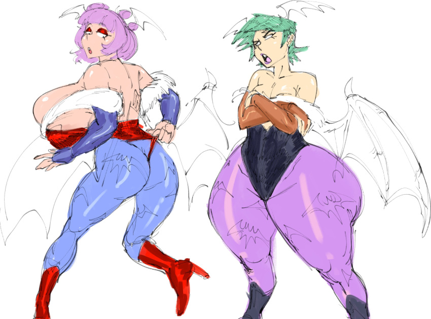 2girls auroch_nsfw blitz_(auroch_nsfw) breasts cosplay darkstalkers huge_breasts huge_thighs lilith_aensland_(cosplay) morrigan_aensland_(cosplay) original panzer_(auroch) thick_thighs thighs