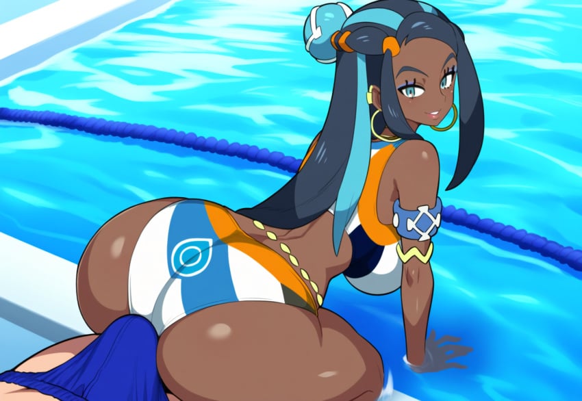 1boy 1girls ai_generated ass big_ass bikini bulge dark-skinned_female dark_skin dat_ass female huge_ass mullon nessa_(pokemon) novelai pokemon pokemon_ss swimming_trunks that_ass_was_fat