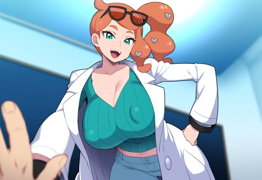 1boy 1boy1girl ai_generated breasts_bigger_than_head covered_nipples female glasses huge_breasts imminent_sex labcoat laboratory large_breasts mullon novelai orange_hair pokemon pokemon_ss ponytail pov smile sonia_(pokemon)