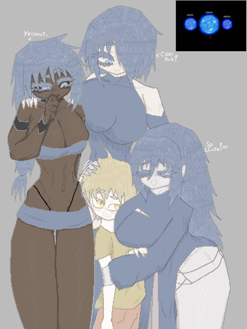 1male 1zaraquell1 3females affection alnilam(human) alnitak(human) big_breasts black_sclera blue_dress blue_hair bodysuit bracelets chinese_dress choker cute dark-skinned_female female gray_background hair_tied_up high-waist_panties hugging long_eyelashes long_hair miniskirt mintaka(human) original pats self_upload short_hair stars text thick_thighs three_sisters wide_hips yellow_eyes yellow_hair younger_male