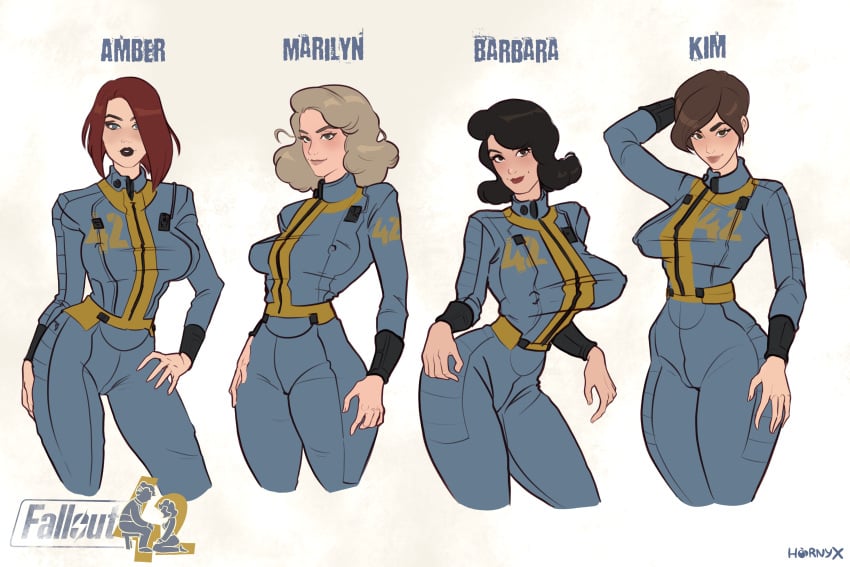 4girls casual devianthunter fallout female hornyx human lineup looking_at_viewer medium_breasts multiple_girls pale_skin short_hair smile tagme take_your_pick