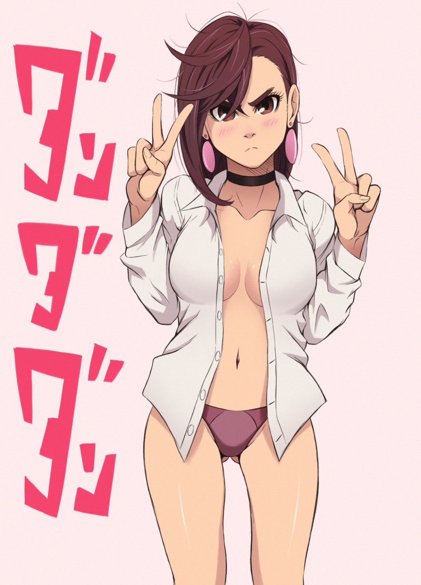 1girls ayase_momo blush brown_eyes brown_hair choker dandadan double_v earrings female japanese_text kristallion open_clothes open_shirt panties partially_clothed peace_sign purple_panties shirt short_hair solo solo_female