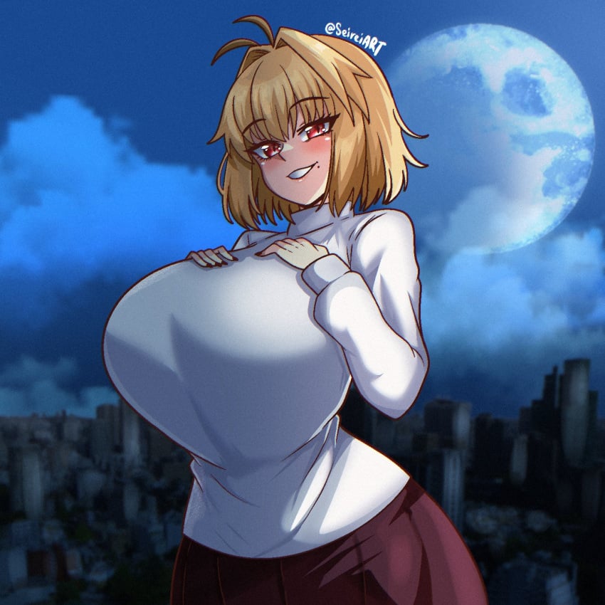 1girls ahoge alternate_breast_size arcueid_brunestud background big_breasts blonde_hair blush breasts breasts_bigger_than_head breasts_bigger_than_torso clothed clothed_female gigantic_breasts ginormous_breasts hands_on_breasts huge_breasts hyper hyper_breasts large_boobs large_breasts looking_at_viewer melty_blood mole_under_mouth moon pose red_eyes seireiart short_hair sweater top_heavy tsukihime vampire vampire_girl