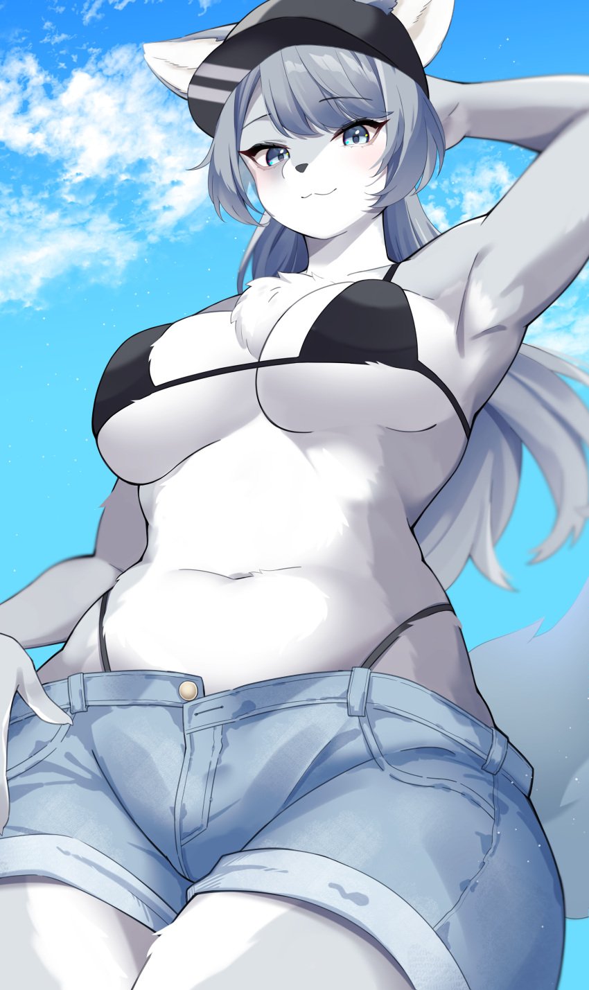 1girls 2d 2d_(artwork) :3 anthro armpits big_breasts bikini_top cap cloud colored furry gray_fur hand_on_head hi_res long_hair looking_at_viewer maru_mao_(artist) shorts sky_background smiling_at_viewer white_ears white_fur