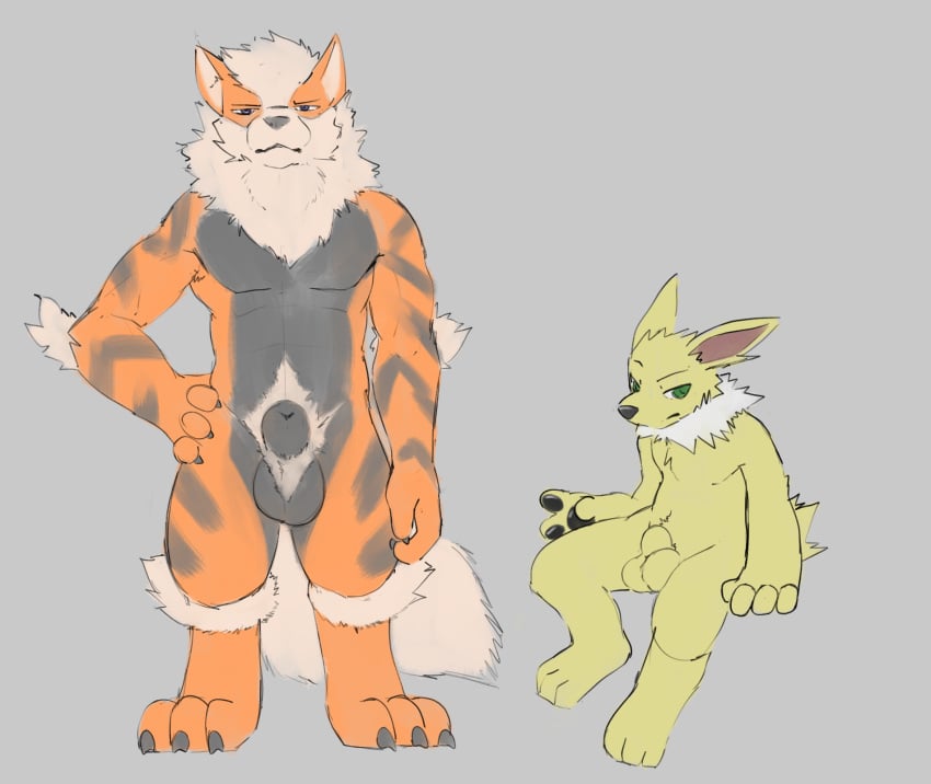 animal_genitalia anthro arcanine balls claws digital_media_(artwork) duo eeveelution fully_sheathed fur generation_1_pokemon genitals hi_res jolteon looking_at_viewer male miau nintendo nude pawpads penis pokemon pokemon_(species) sheath sitting standing yellow_body yellow_fur