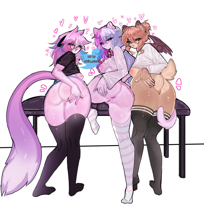 3girls animation_meme_community bell_collar big_ass blush eddie_guns focus_on_ass fur furry furry_female furry_only hand_on_butt hazel_(typh) heart_symbol nova_(dexechii) piercing pussy sashley stockings table tail wings