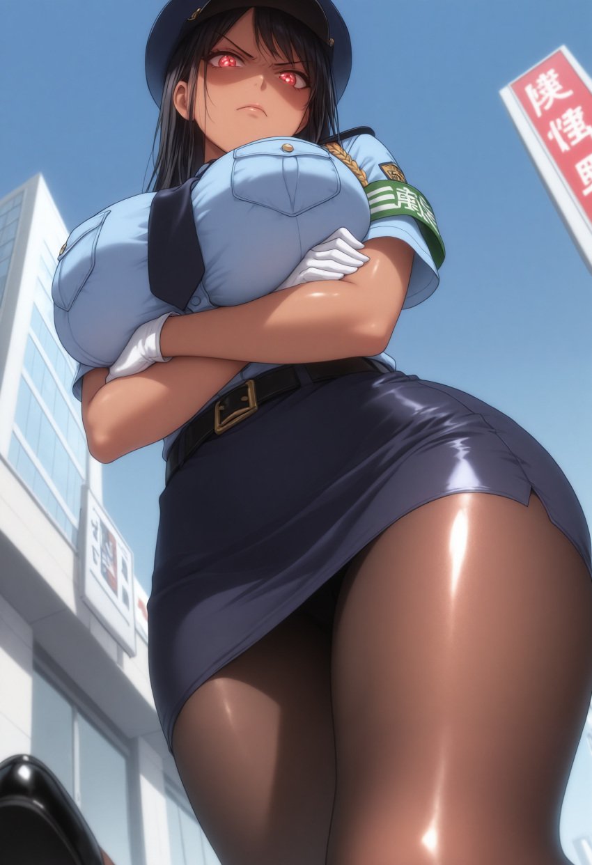 1girls ai_generated angry angry_face big_ass big_breasts black_hair blush disgusted female female_focus from_below huge_breasts kikia1 long_hair original_character pantyhose police police_uniform red_eyes shirt skirt standing wide_hips