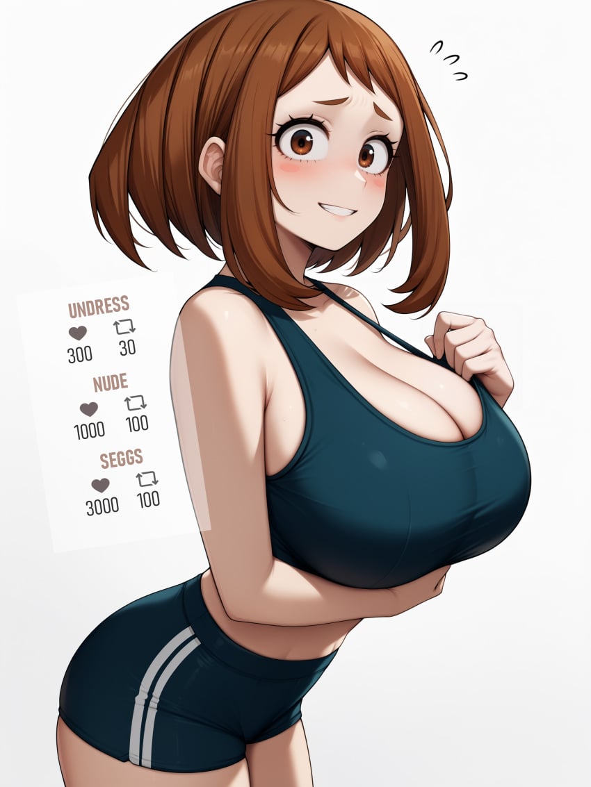 ai_generated big_breasts breasts brown_eyes brown_hair female female_only jpeg magis_anime my_hero_academia nai_diffusion ochako_uraraka short_hair solo stable_diffusion