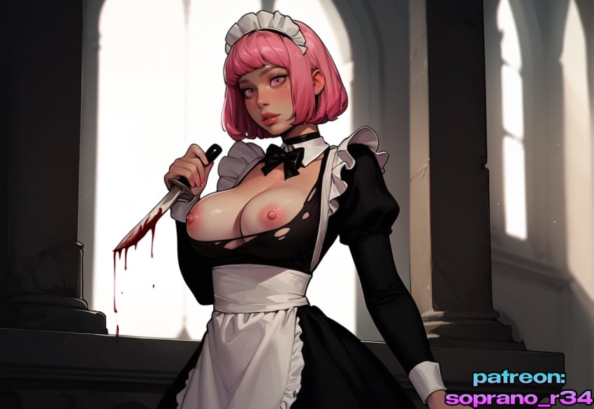 2025 ai_generated beautiful big_breasts big_thighs black_dress blood bob_cut choker dress female female female_focus female_only insane knife maid maid_headdress maid_uniform nipples pink_hair ripped_clothing soprano_r34 stockings young_girl