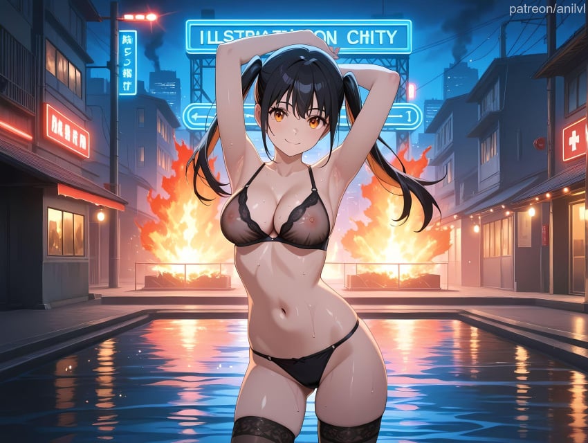 1girls ai_generated anilvl armpits arms_behind_head arms_up ass_visible_through_thighs bangs bare_arms bare_shoulders black_bra black_hair black_panties black_thighhighs blush bra breasts brown_thighhighs building city cleavage closed_mouth collarbone colored_inner_hair contrapposto covered_nipples cowboy_shot en'en_no_shouboutai enen_no_shouboutai explosion fire fire_force groin halterneck kotatsu_tamaki large_breasts lingerie long_hair looking_at_viewer medium_breasts mole mole_on_breast multicolored_hair navel neon_lights night nipples o-ring orange_eyes orange_hair outdoors panties pool reflection reflective_water see-through sign skindentation smile smoke solo standing stomach string_bra string_panties sweat swimsuit thighhighs thighs traffic_light twintails two-tone_hair underwear underwear_only water wet wet_clothes