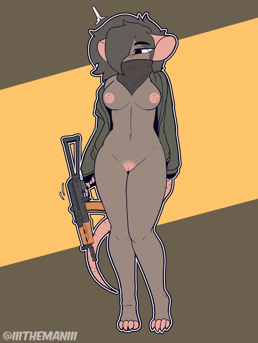 3:4 4_toes absurd_res ak-74 anthro bottomless breasts clothed clothing feet female fingerless_gloves gloves hair hair_over_eye handwear hi_res krysa_(the_man) mammal mask murid murine nipples ranged_weapon rat rodent solo standing the_man toes weapon