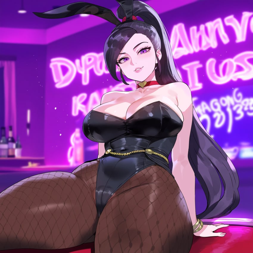 1girls ai_generated black_hair bunnysuit creamy_ai curvy dragon_quest dragon_quest_xi female jade_(dq11) light-skinned_female ponytail