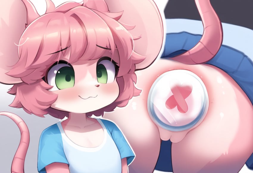 1girls ai_generated anthro ass blush buttplug close-up cub embarrassed female furry furry_only fuzzle fuzzleedits_(artist) green_eyes hi_res innie_pussy mouse mouse_ears mouse_tail pink_hair pussy rear_view rodent smile young