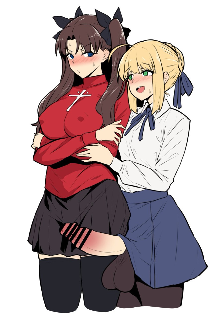 2girls ahoge artoria_pendragon_(fate) bar_censor black_ribbon black_skirt black_thighhighs blonde_hair blue_eyes blue_ribbon blue_skirt blush braid breasts brown_hair brown_thighhighs censored covered_nipples cropped_legs crossed_arms eyebrows_hidden_by_hair fate/grand_order fate/hollow_ataraxia fate/stay_night fate_(series) full-face_blush futanari hair_ribbon hand_on_another's_waist highres large_breasts looking_at_another mochiume9 multiple_girls naughty_face open_mouth red_shirt ribbon saber_(fate) shirt simple_background skirt small_breasts sweatdrop thighhighs tohsaka_rin twintails white_background