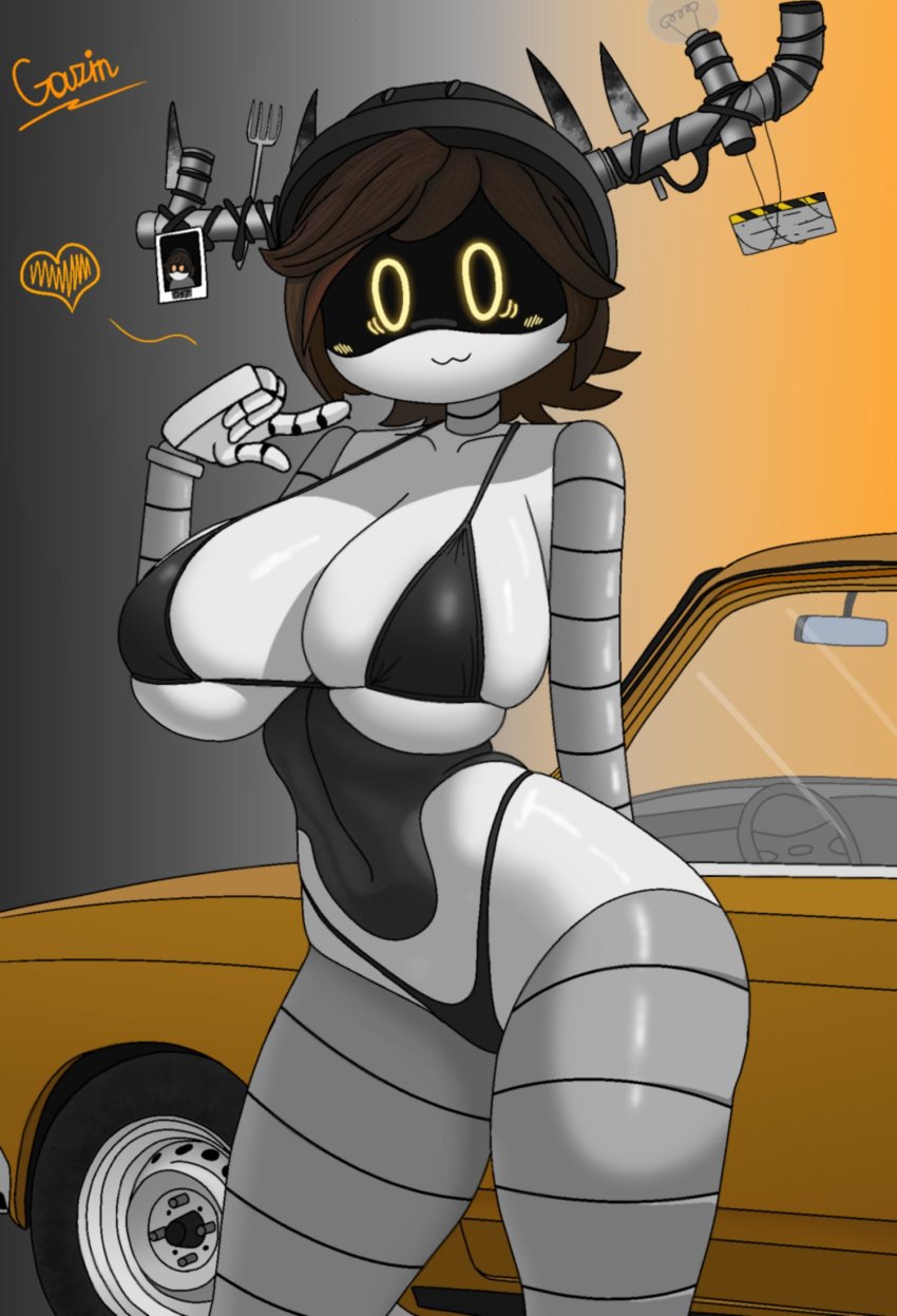 1girls :3 alice_(murder_drones) antlers black_underwear blush brown_hair car female heart helmet motor_vehicle murder_drones robot robot_girl robot_humanoid screen screen_face short_hair solo solo_female steering_wheel underwear white_body yellow_eyes zhenyagazin