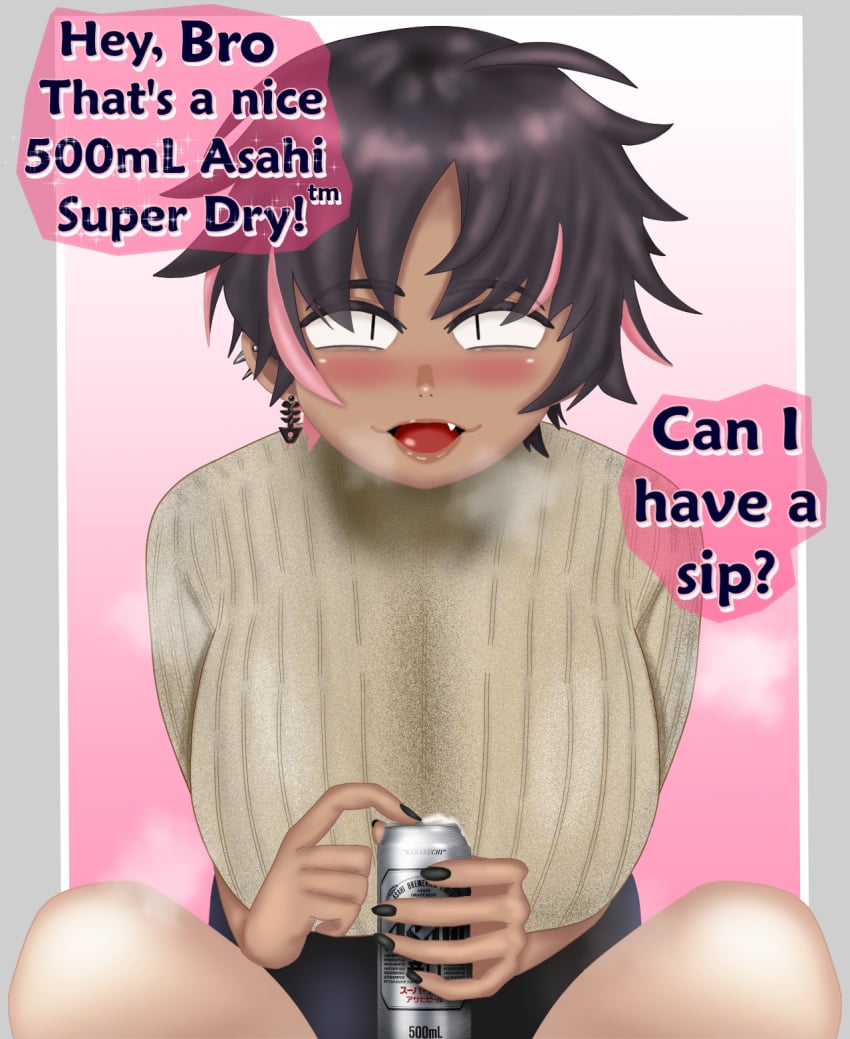 1girls adult adult_female alcohol alcoholic alcoholic_beverage alcoholic_drink asahi_breweries beer beer_can black_hair black_nail_polish black_nails blush bon73p bon_(bon73p) bon_(vtuber) boyish can chubby chubby_female clothed_female clothed_female_nude_male crop_top cropped_legs dark-skinned_female dark_skin dialogue drink_can drunk drunk_female ear_piercing earring earrings eddarxart english english_text fang_out fish_bone fish_bone_earrings foam froth frothing grey_eyes holding holding_beer holding_can holding_object huge_breasts indie_virtual_youtuber indie_vtuber jewelry leaning_forward legs looking_at_viewer messy_hair miniskirt mob_face multicolored_hair nail_polish naughty_face oerba_yun_fang parted_lips pencil_skirt pierced_ears piercing piercings pink_background pink_hair pixie_cut pov pov_crotch pov_eye_contact ribbed_sweater sanpaku sanpaku_eyes sexually_suggestive short_hair simple_background simple_eyes simple_face single_earring skirt slit_pupils smug smug_expression smug_eyes smug_face smug_grin smug_smile speech_bubble steam steaming_body streaked_hair superdry sweater talking tease teasing text tomboy tomboy-chan tomboy_milf translated turtleneck turtleneck_sweater two-tone_hair very_short_hair virtual_youtuber vtuber vtuberfanart white_border