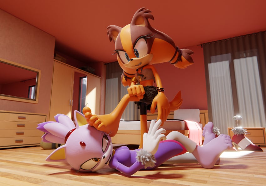 3d_(artwork) 5_fingers 5_toes anthro badger barefoot blaze_the_cat clothed clothing digital_media_(artwork) domestic_cat dominant dominant_female duo feet feetymcfoot felid feline felis female fingers foot_on_face hi_res mammal mustelid musteline orange_body purple_body sega shoes_removed soles sonic_(series) sonic_boom sonic_the_hedgehog_(series) sticks_the_jungle_badger toes