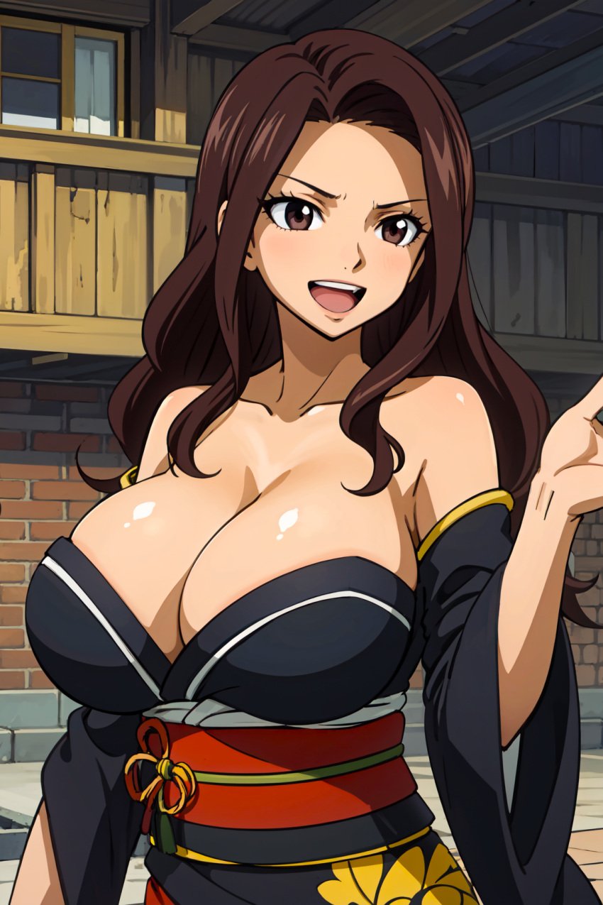 ai_generated anime babe beautiful black_kimono bricks brown_hair brown_hair_female cana_alberona cleavage curvy curvy_female curvy_figure elegant fairy_tail floral_print floral_print_kimono girl japanese_clothes kimono large_breasts off_shoulder_kimono pretty sexy smile waifu wall witch wood young_woman