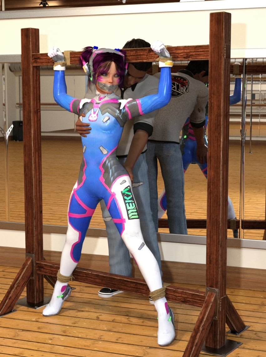 3d 3d_(artwork) age_difference age_gap ass bondage d.va d.va_(cosplay) daniel_remo_art grabbing_from_behind groping_ass groping_breasts kidnapped kidnapping latex_suit looking_over_shoulder male manhandling mirror mirror_reflection original_character overwatch petite petite_body petite_female reflection rope_bondage size_difference skin_tight small_breasts spread_legs suit tagme taned_skin tape tape_gag taped_mouth tiny_female twintails yumi_(daniel_remo_art)