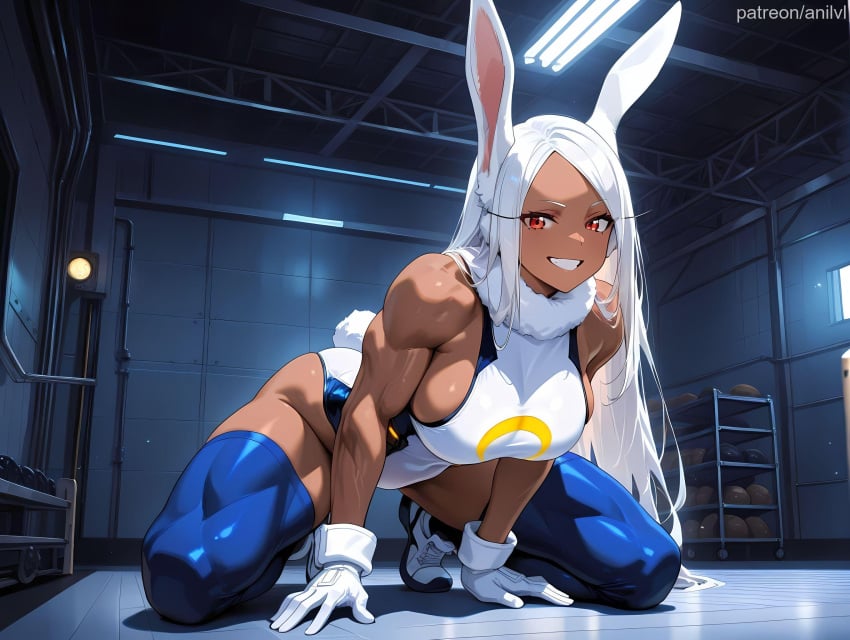 1girls ai_generated all_fours anilvl animal_ears ball bangs bare_shoulders basketball biceps blue_thighhighs breasts crescent_print dark-skinned_female dark_skin full_body fur_collar gloves grin gym highleg highleg_leotard indoors kneeling large_breasts leotard long_eyelashes long_hair looking_at_viewer miruko muscular muscular_female my_hero_academia parted_bangs purple_thighhighs rabbit_ears rabbit_girl rabbit_tail red_eyes rumi_usagiyama shoes sideboob sleeveless sleeveless_turtleneck sleeveless_turtleneck_leotard smile solo squatting superhero tail tail_through_clothes taut_leotard teeth thick_thighs thighhighs thighs toned turtleneck turtleneck_leotard very_long_hair white_gloves white_hair white_leotard