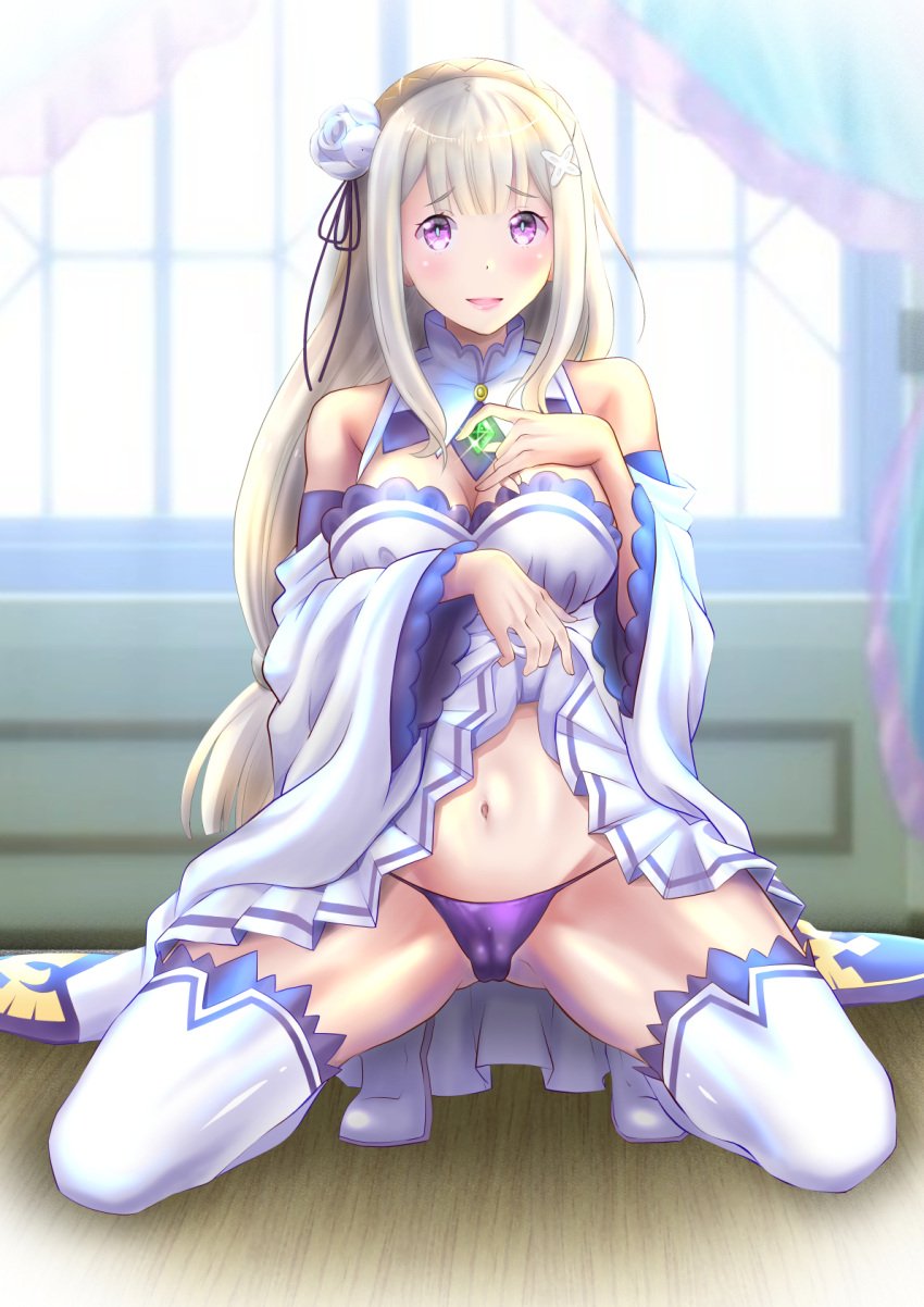 1girls belly blush elf elf_ears elf_female emilia_(re:zero) half-dressed hanaukyou123 hips legs_apart looking_at_viewer offering_to_viewer panties purple_eyes pussy re:zero_kara_hajimeru_isekai_seikatsu silver_hair skirt_lift solo squatting thick_thighs thighs