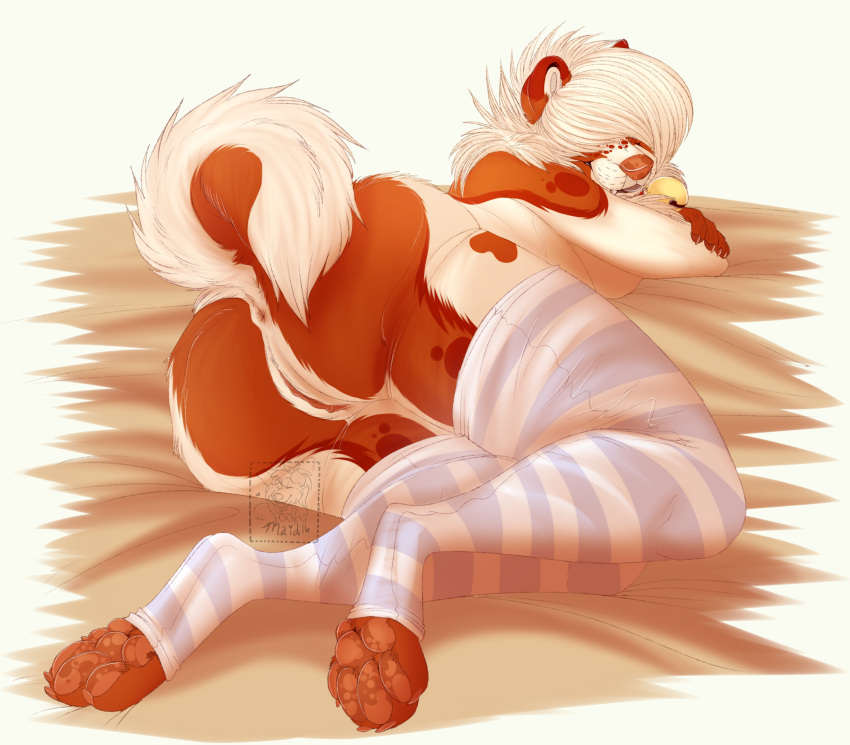 2016 4_toes anthro anus ass breasts canid canine clothing collar digital_media_(artwork) digitigrade female fur hair hi_res legwear lying maid. mammal mostly_nude on_side pawpads pussy smile solo thigh_highs toes watermark