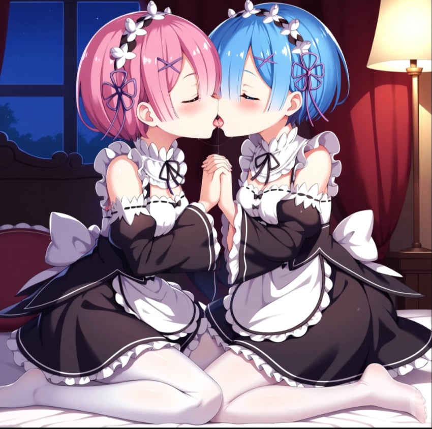 ai_generated blue_hair blush closed_eyes french_kiss fully_clothed holding_hands incest kissing maid maid_headdress maid_uniform making_out open_mouth pink_hair ram_(re:zero) re:zero_kara_hajimeru_isekai_seikatsu rem_(re:zero) sisters tongue tongue_kiss twincest twins yuri