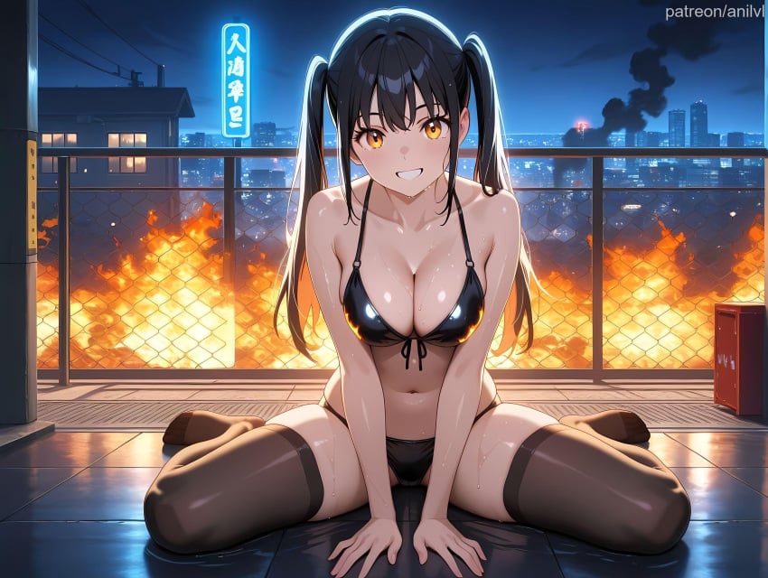 1girls ai_generated anilvl bangs bare_arms bare_shoulders between_legs bikini black_bikini black_hair black_thighhighs blush breasts brown_thighhighs building burning chain-link_fence city cityscape cleavage collarbone en'en_no_shouboutai enen_no_shouboutai explosion fence fire fire_force front-tie_bikini_top front-tie_top full_body grin halterneck kotatsu_tamaki large_breasts long_hair looking_at_viewer medium_breasts navel night night_sky no_shoes orange_eyes outdoors rooftop sidelocks sitting skindentation sky smile smoke solo spread_legs stomach string_bikini sweat swimsuit teeth thighhighs thighs twintails wariza wet yellow_eyes