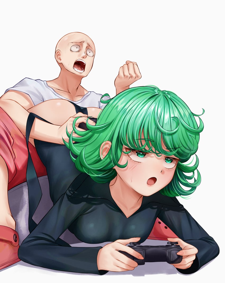 1boy 1girls arched_back ass_up bald controller couple curly_hair gamer_girl gaming green_eyes green_hair one-punch_man open_mouth playing_videogame playstation saitama shocked shocked_expression tatsumaki video_games wholesome