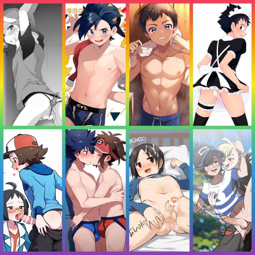 ai_assisted ass backsack balls billed_cap black_eyes black_hair black_pants blonde_hair blue_eyes blue_shirt blue_underwear boxer_briefs boxers boxers_(clothing) boxers_only brendan_(pokemon) brown_eyes brown_hair bulge butt calem_(pokemon) cap censored cheren_(pokemon) crossdressing crying cum cum_in_ass cum_inside cum_on_chest cum_on_hair cumshot detailed_bulge elio_(pokemon) ethan_(pokemon) femboy gay gladion_(pokemon) glasses green_eyes hat hilbert_(pokemon) hoodie hugh_(pokemon) japanese_text light-skinned_male light_skin looking_pleasured lucas_(pokemon) maid maid_headdress maid_outfit maid_uniform male_only nate_(pokemon) penis pokemon red_(pokemon) red_underwear sex_toy sex_toy_in_ass sex_toy_insertion shaking tears twink underwear underwear_only visor writing_on_body yaoi