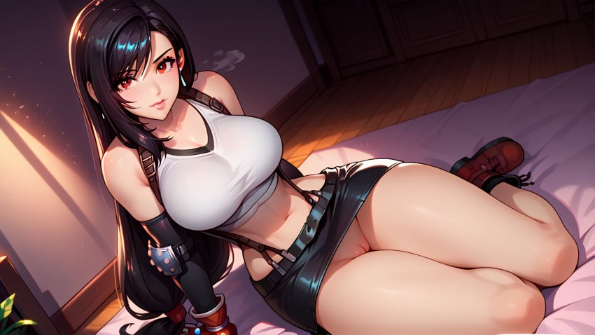 1girls ai_generated belly_button big_ass big_breasts blush boots breasts brown_hair clitoris earrings elbow_pads exposed_midriff female female_only final_fantasy final_fantasy_vii gloves large_breasts long_hair looking_at_viewer no_panties pussy red_eyes sitting_on_bed skirt slim_waist square_enix suspenders tank_top thick_thighs thighs tifa_lockhart white_tank_top