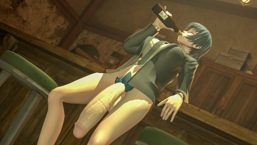 1futa 1girls 3d 3d_(artwork) alcohol big_balls big_cock big_penis blue_hair chainsaw_man drinking drunk eye_patch futa_only futanari grey_hair pubic_hair shounen_jump solo theboobedone tie