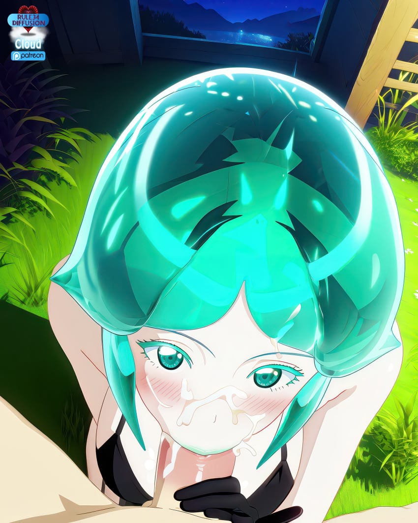 ai_generated big_breasts blowjob blowjob_face cum cum_in_mouth cum_inside cum_on_face cumming gem gem_(species) gloves houseki_no_kuni land_of_the_lustrous phosphophyllite sucking sucking_penis topwear underwear