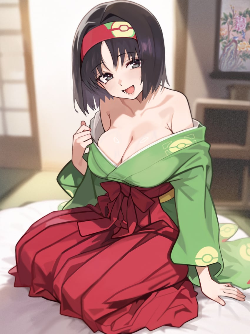 1girls :d absurdres bare_shoulders big_breasts black_eyes black_hair breasts cleavage collarbone creatures_(company) erika_(pokemon) female game_freak green_kimono hairband hakama highres indoors japanese_clothes kimono korean_commentary large_breasts long_sleeves looking_at_viewer nintendo off_shoulder_kimono open_mouth pokemon pokemon_frlg pokemon_lgpe red_hairband red_hakama rehu_(astd5787) sitting smile solo