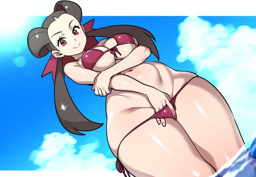 1girls ai_generated beach bikini bikini_bottom bikini_pull bikini_top brown_hair female gym_leader large_breasts mullon novelai pokemon pokemon_oras pokemon_rse roxanne_(pokemon) thick_thighs