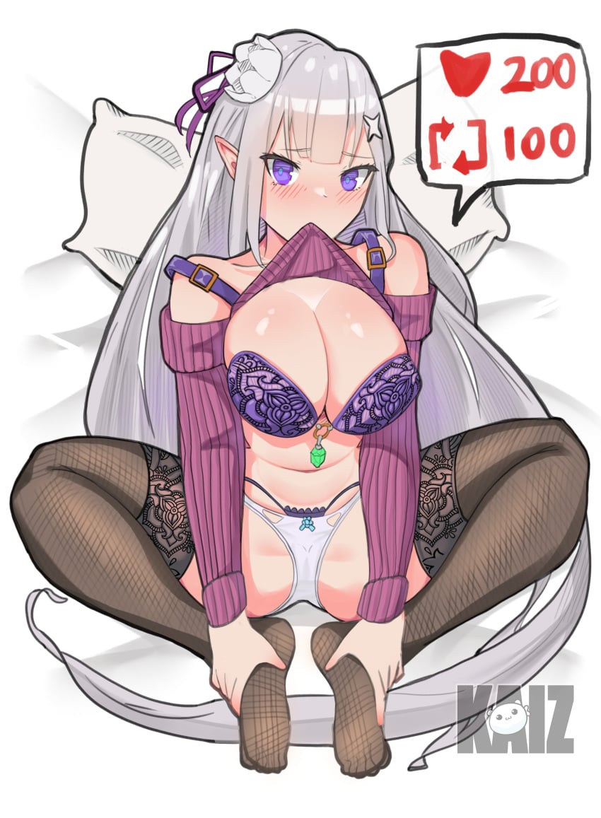 1girls belly bra breasts cleavage elf elf_ears elf_female emilia_(re:zero) half_naked legs_held_open offering_to_viewer panties purple_eyes re:zero_kara_hajimeru_isekai_seikatsu shirt_lift shirt_lift_via_mouth silver_hair sitting_on_bed solo spread_legs thighhighs thighs underwear undressing