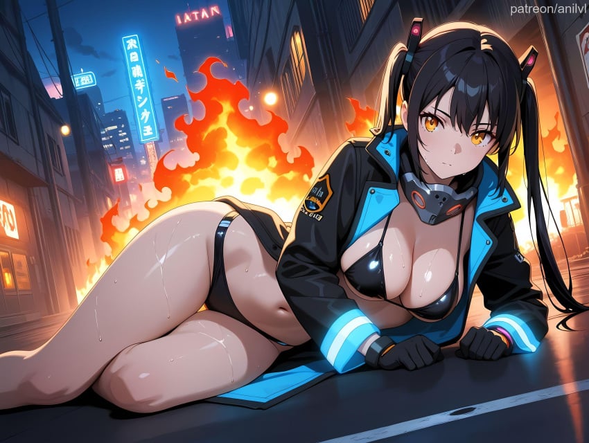 1girls ai_generated anilvl bangs bikini black_bikini black_coat black_gloves black_hair black_jacket breasts building city cleavage closed_mouth coat en'en_no_shouboutai enen_no_shouboutai fire fire_force frown gloves hair_ornament headgear jacket kotatsu_tamaki large_breasts long_hair long_sleeves looking_at_viewer lying mask medium_breasts navel neon_trim night on_side open_clothes open_coat open_jacket orange_eyes outdoors road sidelocks sign sky solo stomach string_bikini sweat swimsuit thigh_gap thighs twintails v-shaped_eyebrows wet yellow_eyes