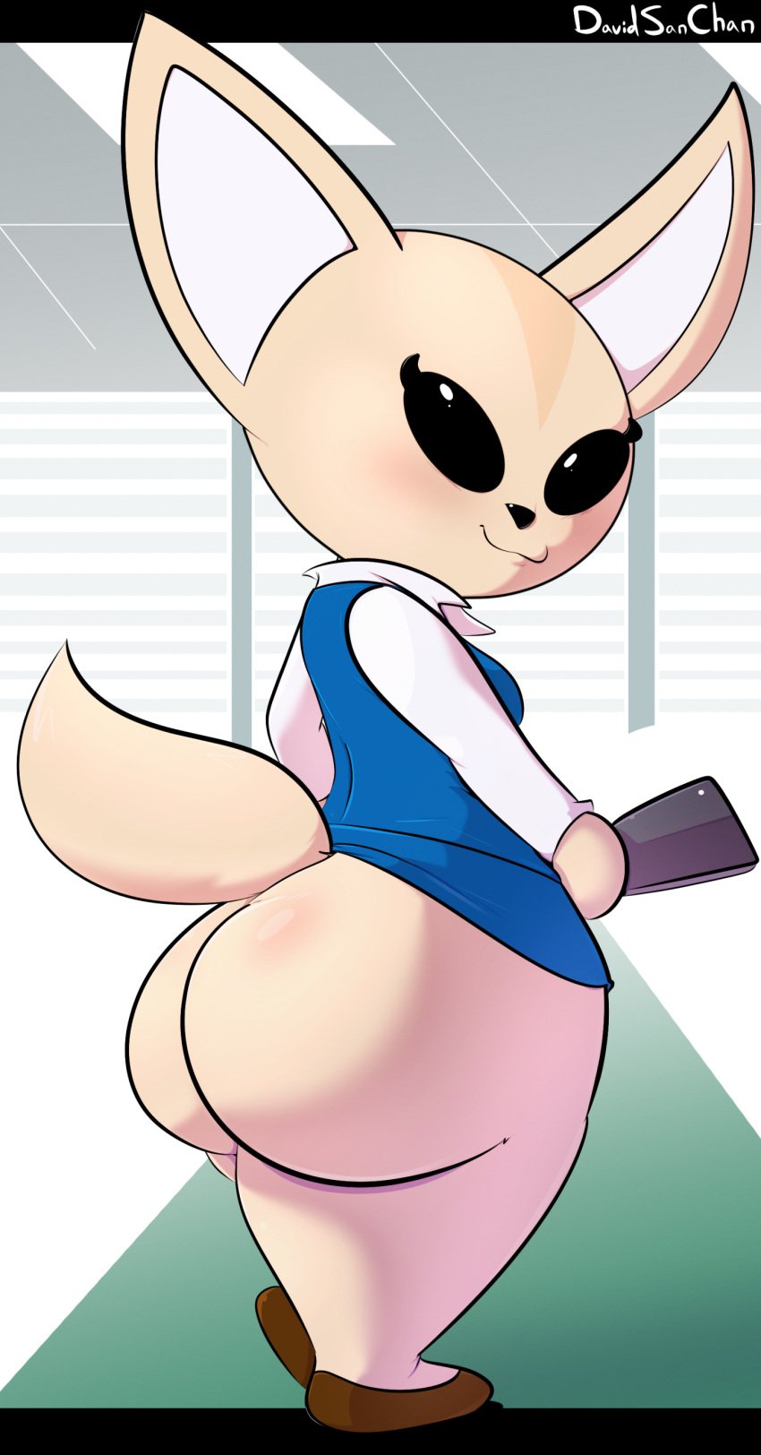 1girls aggressive_retsuko anthro ass big_ass bottom_heavy bubble_butt cellphone dat_ass davidsanchan fat_ass female female_only fennec fenneko huge_ass indoors large_ass looking_at_viewer looking_back no_panties office_lady phone png shortstack solo thick_ass thick_thighs wide_hips