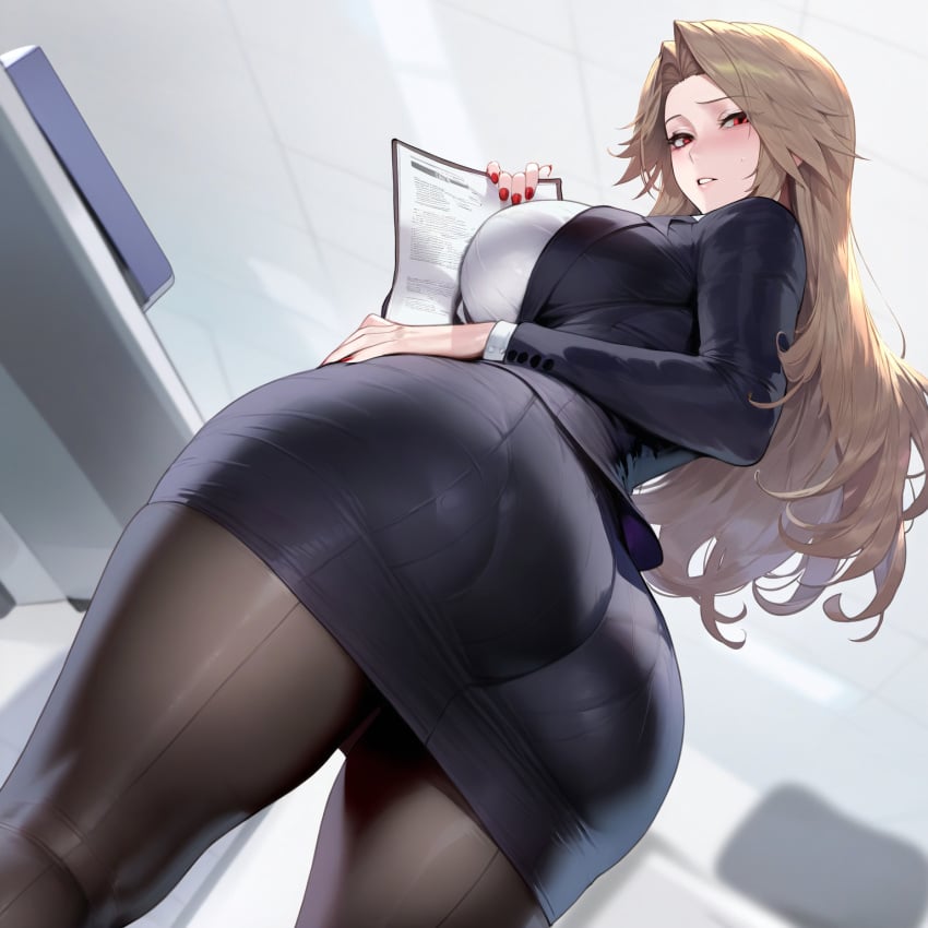 1girls absurd_res ai_generated aroused ass_focus blush business_suit business_woman embarrassed from_below granblue_fantasy hand_on_butt hand_on_hip holding_object huge_ass katalina_(granblue_fantasy) katalina_aryze large_breasts legs_together liu_(artist) looking_at_viewer looking_back miniskirt office_clothing office_lady panties_visible_through_clothing pantyhose parted_lips solo solo_female standing stockings suit sweat thick_thighs tight_clothing voluptuous voluptuous_female wide_hips