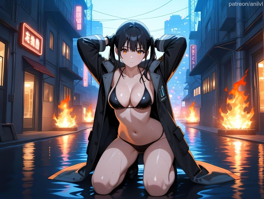 1girls ai_generated anilvl arms_behind_head arms_up bangs bikini bikini_under_clothes black_bikini black_coat black_footwear black_gloves black_hair black_jacket breasts building city cleavage closed_mouth coat collarbone en'en_no_shouboutai enen_no_shouboutai fire fire_force full_body gloves halterneck jacket kneeling kotatsu_tamaki large_breasts long_coat long_hair long_sleeves looking_at_viewer mole navel night open_clothes open_coat open_jacket orange_eyes outdoors reflection road sidelocks skindentation solo stomach string_bikini swimsuit thighs trench_coat twintails water wet