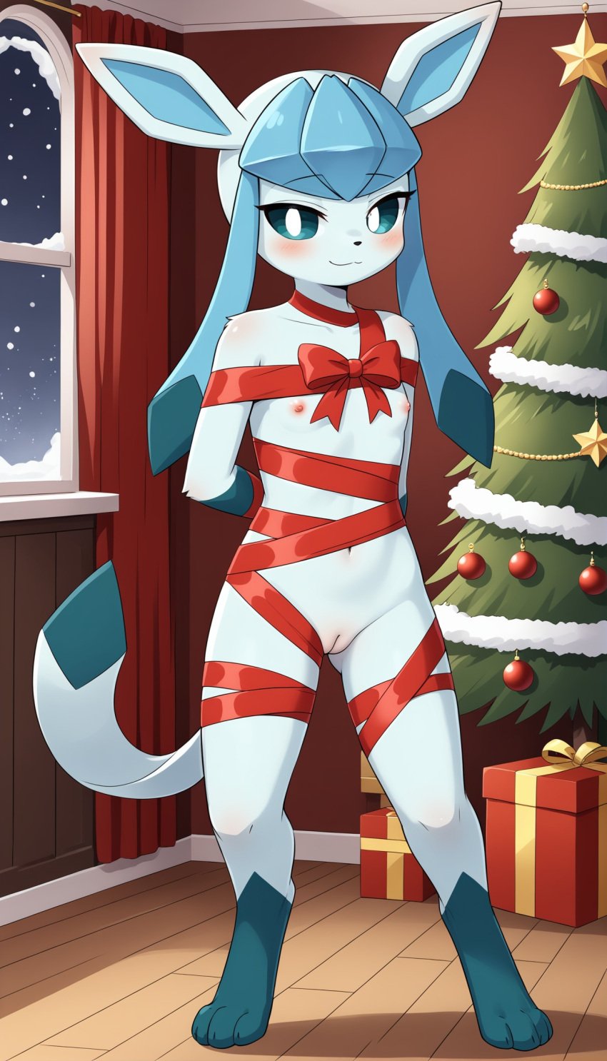 1girls 2024 ai_generated anthro blue_eyes blue_fur blushing blushing_at_viewer bondage bow christmas christmas_tree digitigrade eeveelution female female_only flat_chest generation_4_pokemon gift_wrapped glaceon hands_behind_back hi_res holidays indoors innie_pussy looking_at_viewer night nintendo nude nude_female pink_nipples pokemon pokemon_(species) pussy ribbon ribbon_bondage ribboned_body smile snow snowing snowing_outside