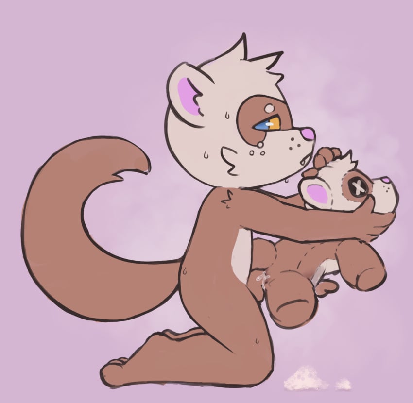 anthro badipoki bodily_fluids button_(fastener) button_eyes cum float_(badipoki) genital_fluids genitals hi_res male male/male penis plushie plushophilia polyfill selfcest solo square_crossover tail wet