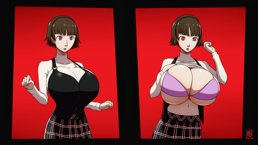 bangs big_breasts black_skirt bob_cut bra breast_expansion breast_squish breast_support breasts breasts_together brown_hair bulging_breasts bursting_breasts busty buttons clothed clothed_female clothing dark_brown_hair dark_red_eyes front_view hair hairband huge_breasts large_breasts light-skinned_female light_skin long_skirt long_sleeves makoto_niijima maroon_eyes navel persona_5 plaid_skirt png purple_bra red_background red_eyes shiny_breasts skinny skinny_girl skirt slender_waist slim slim_girl suspenders sweater sweater_lift tall_female tall_girl top_heavy top_lift turtleneck turtleneck_sweater underboob upper_body vertical_navel white_sweater ydbunny