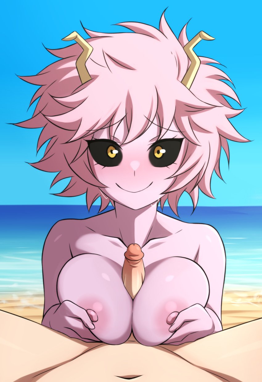 1boy 1girls absurd_res beach breasts_out digital_drawing_(artwork) digital_media_(artwork) looking_at_viewer mina_ashido my_hero_academia nude_female paizuri penis titjob titjob_pov