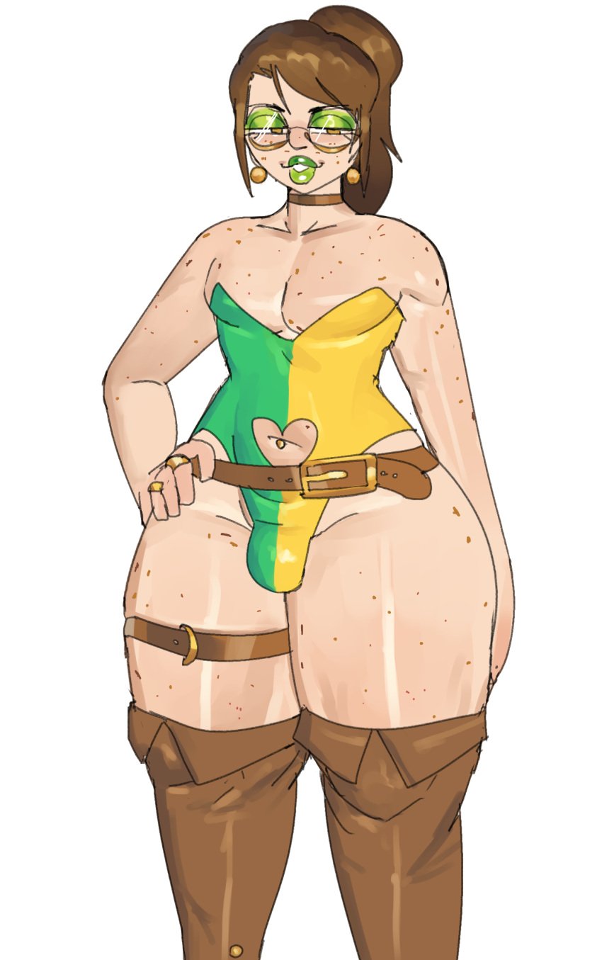 big_thighs bulge femboy freckles glasses green_lipstick ponytail pouty_lips sandtraps skimpy_clothes thick_thighs zoe(sandtraps)