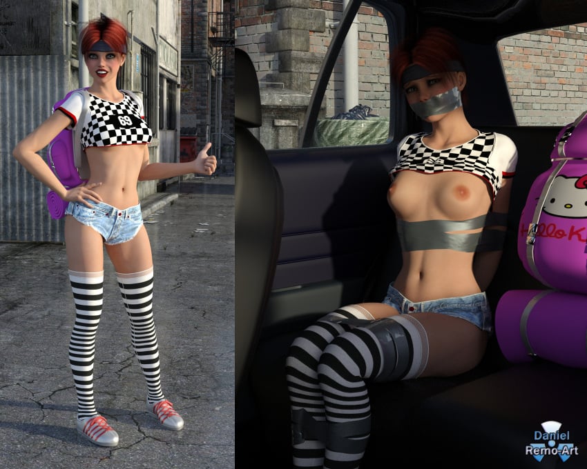 3d 3d_(artwork) before_and_after bondage breasts car daniel_remo_art duct_tape duct_tape_gag kidnapped kidnapping looking_at_captor looking_at_viewer nipples oc original original_character panels petite petite_body petite_female revealing_clothes sequence shoes short_hair short_shirt small_breasts sneakers stockings tagme tape tape_bondage tape_gag taped_mouth vehicle vehicle_interior