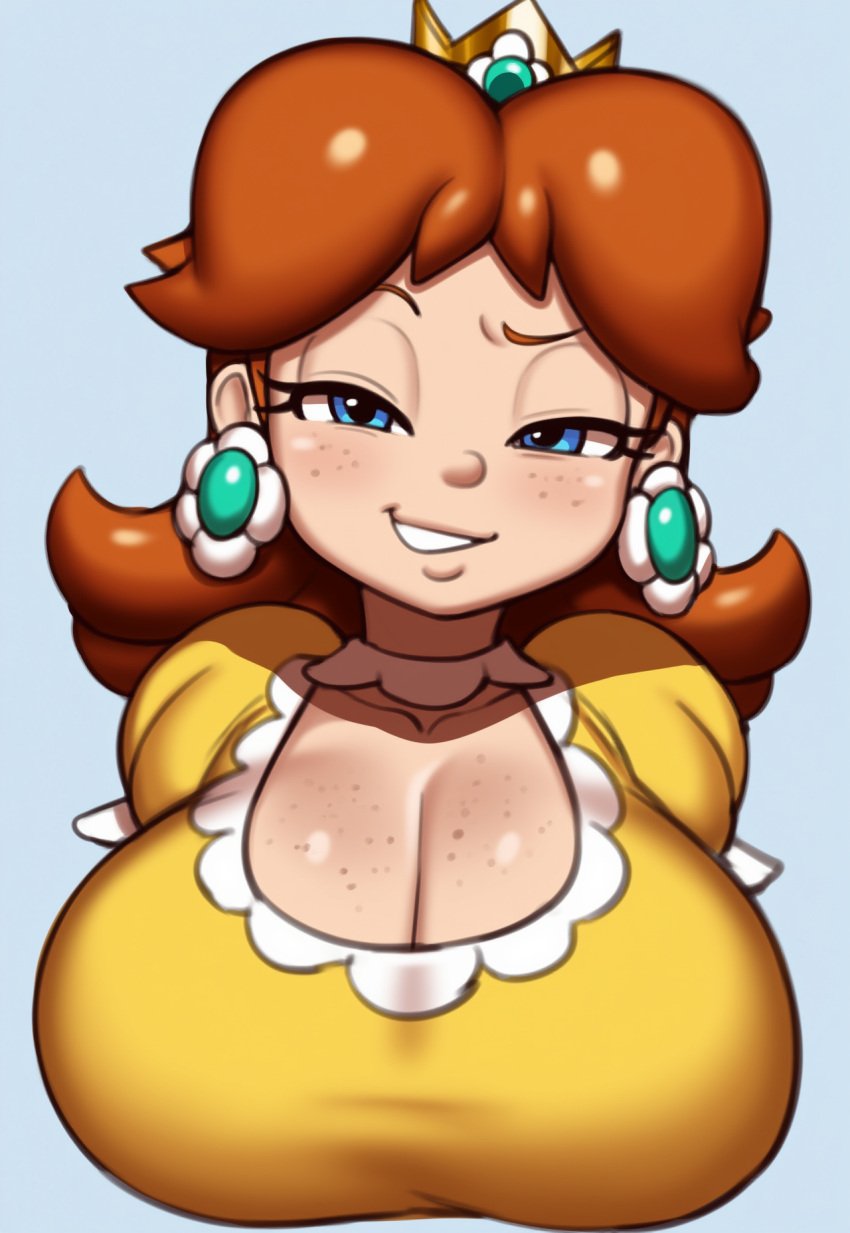 1girls ai_generated big_breasts breasts brown_hair bursting_breasts cleavage crown female female_only gigantic_breasts grey_impact_(style) huge_breasts laughing lubbasdump mario_(series) massive_breasts nintendo princess princess_daisy royalty smirk smirking