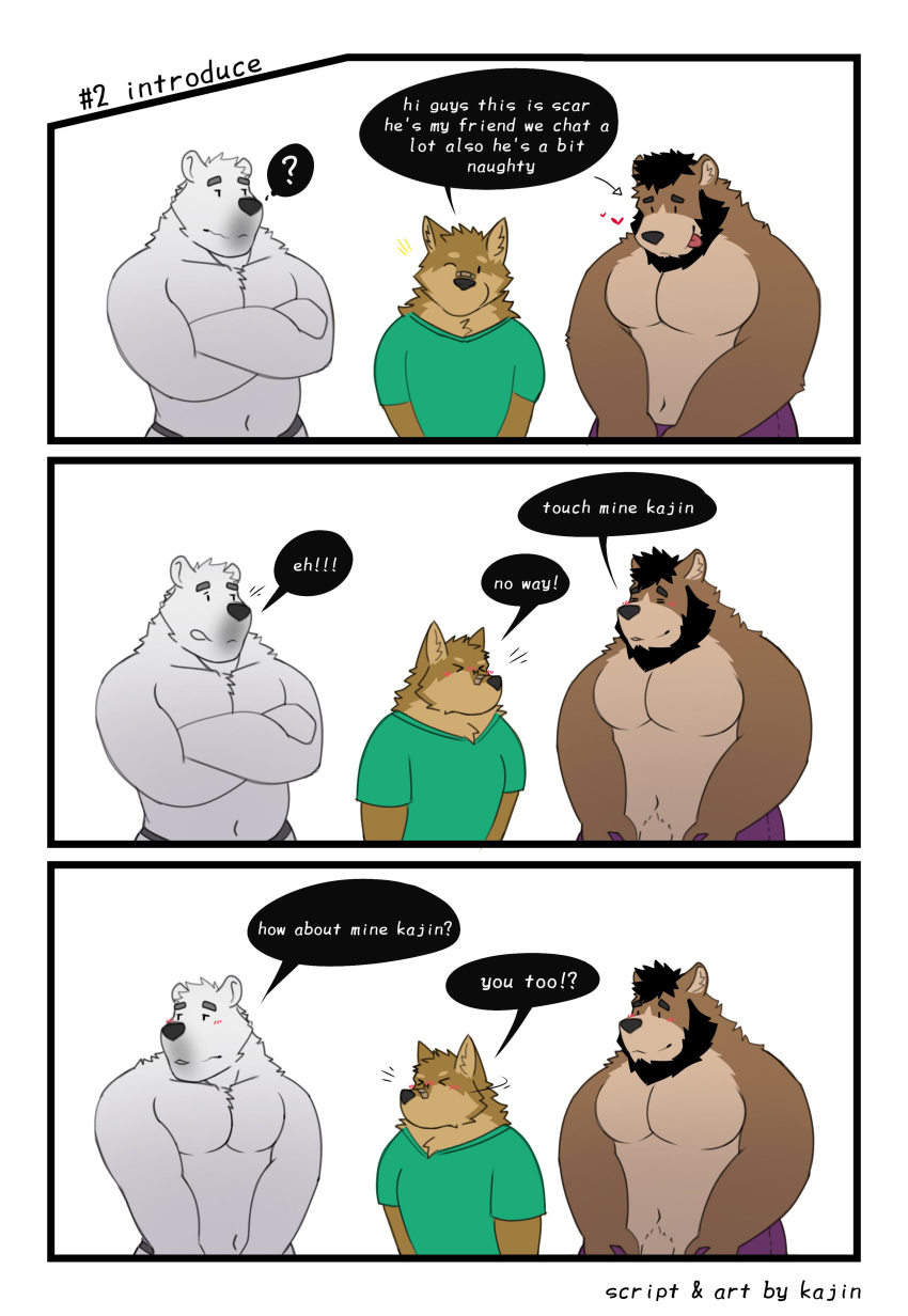 2019 absurd_res anthro belly blush canid canine canis closed_eyes clothing comic domestic_dog english_text group heart hi_res kajin-sama male male_only mammal one_eye_closed overweight overweight_male penis polar_bear shirt text tongue tongue_out topwear underwear ursid ursine wink