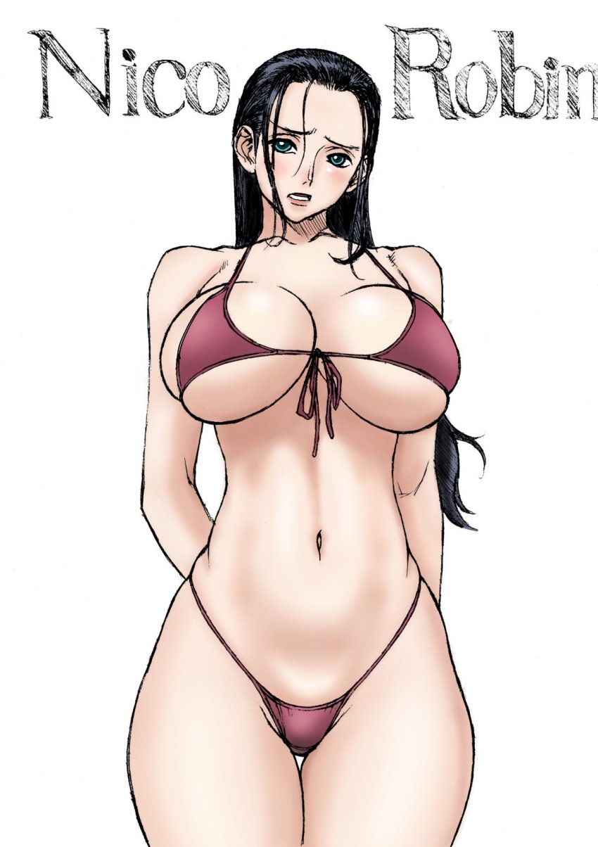 1girls bikini black_hair blue_eyes blush edit female female_only inoue_takuya looking_at_viewer nico_robin one_piece open_mouth tagme white_background